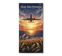 Soar Into Dreams Bannière décorative pour porte d'entrée, paysage de coucher de soleil, paysage d'avion sur le thème des voyages, 91,4 x 183 cm