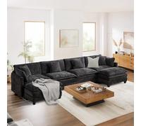 SoarFlash Canapé Moderne avec accoudoirs, revêtement en Chenille, Coussins doublement rembourrés, adapté pour Salon/Chambre à Coucher/Appartement, 4 Place + 2 Repose-Pied, Noir