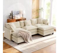 SoarFlash Canapé Moderne avec accoudoirs, revêtement en Chenille, Coussins doublement rembourrés, adapté pour Salon/Chambre à Coucher/Appartement, 3 Place + 2 Repose-Pied, Beige