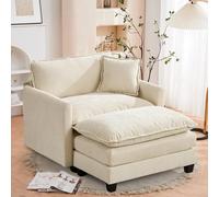 SoarFlash Canapé Moderne avec accoudoirs, revêtement en Chenille, Coussins doublement rembourrés, adapté pour Salon/Chambre à Coucher/Appartement, 1 Place + 1 Repose-Pied, Beige