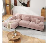 SoarFlash Canapé modulaire 3 Places Salon Moderne - Chenille, Bois Massif, reposes-Bras, 1 Repose-Pieds, Rose Clair, 145×313cm