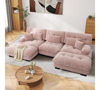 SoarFlash Canapé modulaire 3 Places Salon Moderne - Chenille, Bois Massif, reposes-Bras, 2 Repose-Pieds, Rose Clair, 145×313cm