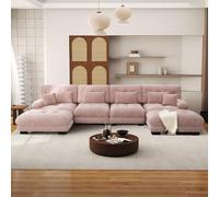 SoarFlash Canapé modulaire 4 Places Salon Moderne - Chenille, Bois Massif, reposes-Bras, 2 Repose-Pieds, Rose Clair, 145×406cm