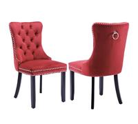 SoarFlash Ensemble de 2 Chaises de Salle à Manger en Velours, avec Dossier à Ailes tapissé, piquetage à Boutons, Garniture rivetée, Anneau décoratif de Dossier et Jambes en Bois, Rouge vin