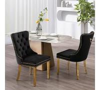 SoarFlash Ensemble de 2 chaises de Salle à Manger en Velours, Chaise tapissée capitonnée avec Bordure en Clous de cuivre, Jambes en Bois Massif plaquées Or pour Cuisine, Noir