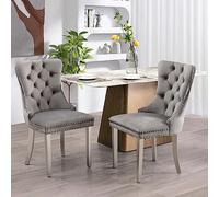 SoarFlash Ensemble de 2 Chaises de Salle à Manger en Velours, Dossier à Ailes, piquetage à Boutons, Garniture rivetée, Anneau de Dossier et Jambes en métal argenté, Gris