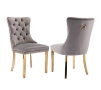 SoarFlash Ensemble de 2 Chaises de Salle à Manger en Velours, Dossier à Ailes, piquetage à Boutons, Garniture rivetée, Anneau de Dossier et Jambes en métal doré, Gris