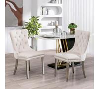 SoarFlash Ensemble de 2 Chaises de Salle à Manger en Velours, Dossier à Ailes, piquetage à Boutons, Garniture rivetée, Anneau de Dossier et Jambes en métal argenté, Beige