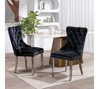 SoarFlash Ensemble de 2 Chaises de Salle à Manger en Velours, Dossier à Ailes, piquetage à Boutons, Garniture rivetée, Anneau de Dossier et Jambes en métal argenté, Noir