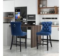 SoarFlash Ensemble de 2 tabourets de Bar en Velours Moderne avec Jambes en Bois,piquetage à Boutons,Clous chromés,sans Bras,tabourets de comptoir,Bleu