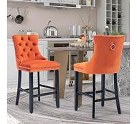 SoarFlash Ensemble de 2 tabourets de Bar en Velours Moderne avec Jambes en Bois,piquetage à Boutons,Clous chromés,sans Bras,tabourets de comptoir, Orange