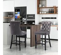 SoarFlash Ensemble de 2 tabourets de Bar en Velours Moderne avec Jambes en Bois,piquetage à Boutons,Clous chromés,sans Bras,tabourets de comptoir,Gris