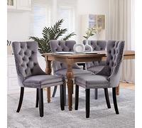 SoarFlash Ensemble de 4 Chaises de Salle à Manger en Velours, avec Dossier à Ailes tapissé, piquetage à Boutons, Garniture rivetée, Anneau décoratif de Dossier et Jambes en Bois, Gris