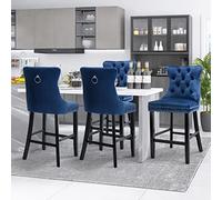SoarFlash Ensemble de 4 tabourets de Bar en Velours Moderne avec Jambes en Bois,piquetage à Boutons,Clous chromés,sans Bras,tabourets de comptoir,Bleu