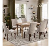 SoarFlash Ensemble de 6 chaises à Manger, à Dossier élevé avec Garniture Verticale, Pieds en Bois Massif incurvés, élégante Chaise tapissée pour la Salle à Manger, Beige