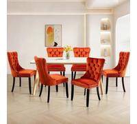 SoarFlash Ensemble de 6 Chaises de Salle à Manger en Velours, avec Dossier à Ailes tapissé, piquetage à Boutons, Garniture rivetée, Anneau décoratif de Dossier et Jambes en Bois, Orange