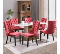 SoarFlash Ensemble de 6 Chaises de Salle à Manger en Velours, avec Dossier à Ailes tapissé, piquetage à Boutons, Garniture rivetée, Anneau décoratif de Dossier et Jambes en Bois, Rouge vin