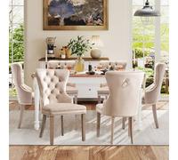 SoarFlash Ensemble de 6 Chaises de Salle à Manger en Velours, avec Dossier à Ailes tapissé, piquetage à Boutons, Garniture rivetée, Anneau décoratif de Dossier et Jambes en Bois, Beige