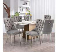 SoarFlash Ensemble de 6 Chaises de Salle à Manger en Velours, Dossier à Ailes, piquetage à Boutons, Garniture rivetée, Anneau de Dossier et Jambes en métal argenté, Gris