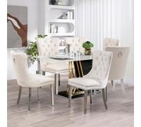 SoarFlash Ensemble de 6 Chaises de Salle à Manger en Velours, Dossier à Ailes, piquetage à Boutons, Garniture rivetée, Anneau de Dossier et Jambes en métal argenté, Beige