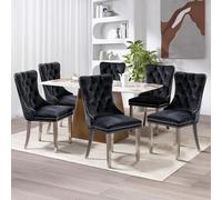 SoarFlash Ensemble de 6 Chaises de Salle à Manger en Velours, Dossier à Ailes, piquetage à Boutons, Garniture rivetée, Anneau de Dossier et Jambes en métal argenté, Noir