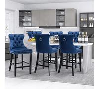 SoarFlash Ensemble de 6 tabourets de Bar en Velours Moderne avec Jambes en Bois,piquetage à Boutons,Clous chromés,sans Bras,tabourets de comptoir,Bleu