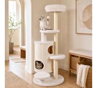 SOARS Arbre Chat avec Tonneau à Gratter, Ø38, 60x60x150 cm, Blanc | Tour Arbre à Chat 7 Niveaux avec 2 Grottes, Griffoir en Sisal, Housse Amovible et Coussin, Pompon, Niche Intérieure