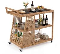 SOARS Chariot de Bar Extérieur, Desserte de Jardin en Rotin PE à 3 Niveaux | Chariot de Service avec Étagères Ouvertes, Roulettes Universelles, Poignée Ergonomique, pour Balcon, Patio, Terrasse
