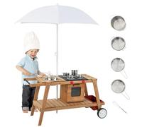 SOARS Cuisine en Bois Enfant d’Extérieur, Cuisine Extérieure pour Enfant en Bois avec Parasol, Lavabo, Poignée, Roues et Accessoires, Jouet de Barbecue 48 X 114 X 160 CM pour 3 Ans et Plus