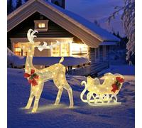 SOARS Decoration Noel, Renne de Noel 122 CM avec Traîneau et 100 Lumières Blanc Chaud, Construction Stable et Sûre avec Piquets de Terre, Deco Noel Extérieur et Intérieur pour Jardin, Salon, Entrée