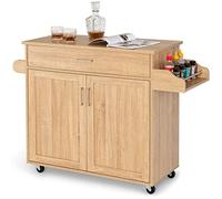 SOARS Desserte à roulettes Cuisine, Ilot Central Cuisine avec Rangement et Plan de Travail, Tiroir et Étagère Réglable, pour Micro-Ondes Porte-épices et Porte-Serviettes, 116 x 40 x 85 cm (Naturel)