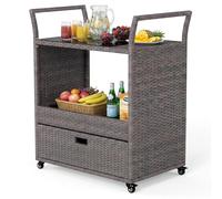 SOARS Desserte Exterieur en Rotin PE, Chariot Plancha avec roulettes, Poignées Latérales, Plateau Spacieux en Verre, Étagère Ouverte et Grand Tiroir, Table Barbecue pour Véranda, Jardin, Patio