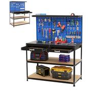 SOARS Établi Atelier Garage 121 X 61 X 156 CM, Rangement Outils en Métal en 3 Panneaux Perforé avec Kit de 24 Crochets, 2 Tiroirs & 2 Étagères, pour Garage, Atelier (Bleu, 121 x 61 x 156 cm)