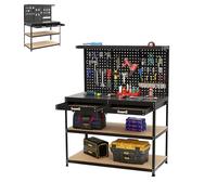 SOARS Établi Atelier Garage 121 X 61 X 156 CM, Rangement Outils en Métal en 3 Panneaux Perforé avec Kit de 24 Crochets, 2 Tiroirs & 2 Étagères, pour Garage, Atelier (Noir, 121 x 61 x 156 cm)