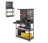 SOARS Établi Atelier Garage 81 X 41 X 155 CM, Rangement Outils en Métal en 2 Panneaux Perforé avec Kit de 14 Crochets, Tiroir & 2 Étagères, pour Garage, Atelier (Rouge+Noir, 81 x 41 x 155 cm)