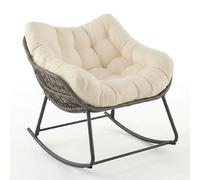 SOARS Fauteuil à Bascule de Jardin, Chaise à Bascule Papasan en Rotin avec Coussin Rembourré et Amovible, Cadre en Métal, Charge 150 KG, pour Intérieur et Extérieur, Salon Balcon Terrasse, Beige
