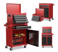 SOARS Servante d’Atelier, Chariot d’Atelier avec 5 Compartiments, 2 Étagères, Coffre Outils Amovible & Armoire à Outils, Verrouillable, 59 X 28 X 102 CM, pour Garage, Atelier, Maison (Rouge+Noir)