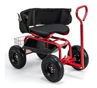 SOARS Siège Roulant Chariot Porte Selle pour le Jardinage, Pivotant à 360°, Hauteur Réglable de 60 à 69 cm, avec Poignée Extensible, Étagère et Panier, Charge Maximale : 135 kg