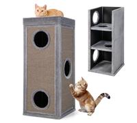 SOARS Tonneau à Gratter pour Chat 99 cm, Tour Arbre à Chat 4 Niveaux avec 3 Grottes et Surface Griffoir en Sisal, Niche Intérieure Stable Ø40, Gris et Marron