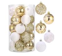 SOBEAU 25 Pièces Boules de Noël, 6cm Decoration Sapin de Noel en Plastique, de Boules de Noël Suspension pour Décoration, Brillantes Boule Sapin de Noël pour fêtes Anniversaire（Blanc et Or）