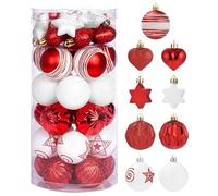 SOBEAU 35 Pièces Boules de Noël, Decoration Sapin de Noel en Plastique 6cm, Boule Sapin de Noël Suspension pour Arbre de Noël, 9 Styles Boules de Noël Decoration Noel pour Fête(Blanc et Rouge)