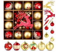 SOBEAU 40 Pièces Boules de Noël, Décorations Sapin de Noël en Plastique Petites & Grandes, 13 Styles de Boules de Noël pour Décorations, Suspension Noel Sapin pour Fêtes （Rouge et Or）