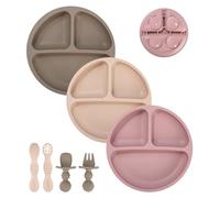SOBEAU 7 pièces Assiette Ventouse Pour Bébé, assiette enfant avec 3 assiettes plates, 4 fourchettes et cuillères,Pour les tout-petits et l'auto alimentation Sans BPA (beige marron rose)