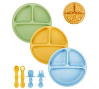 SOBEAU 7 pièces Assiette Ventouse Pour Bébé, assiette enfant avec 3 assiettes plates, 4 fourchettes et cuillères,Pour les tout-petits et l'auto alimentation Sans BPA (jaune vert bleu)