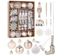 SOBEAU Boule de Noel, Lot de 50 Boules de Noël en Plastique avec Paquet Cadeau,Ecoration Sapin Boules Noel avec Lanière,Décoration d'arbre de Noël,Or blan