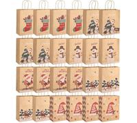 SOBEAU Sac Cadeau Noël 24 Pcs, Pochette en Papier Kraft avec Poignées pour Friandises et Cadeaux, Décoration de Noël