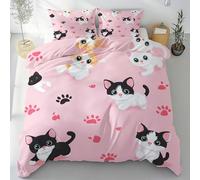 Sobhdga Chat Empreintes de Pattes Housse de Couette 140x200, Kawaii Fille Room Decor Parure de Lit Réversible 1 Personne en Microfibre Douce avec Fermeture Éclair avec 1 Taie d'oreiller