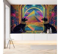 Sobhdga Chat Noir Égypte Ancienne Papier Peint Adhesif Mural, Fantaisie Mystérieux Papier Adhesif pour Meuble, Revêtement Mural Décoratif Impermeable, Pour Cuisine Salle de Bains, 100x100