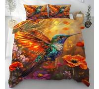 Sobhdga Colibri Coloré Oiseaux Housse de Couette 140x200, Coquelicot Floral Parure de Lit Réversible 1 Personne en Microfibre Douce avec Fermeture Éclair avec 1 Taie d'oreiller