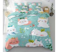 Sobhdga Dessin Animé Animal Chat Housse de Couette 200x200 Réversible, Couronne Floral Kawaii Parure de Lit en Microfibre Douce 2 Personnes avec Fermeture Éclair avec 2 Taies d'oreiller